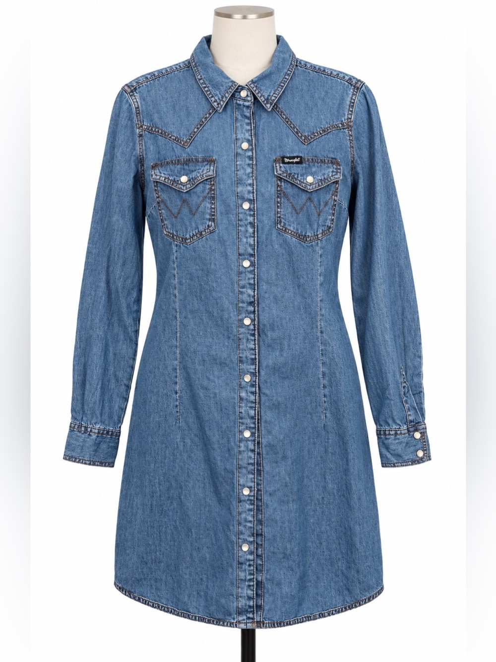 Wrangler Blue Denim Western Shirt Dress Pearl Snap Buttons Blue Small Cowgirl